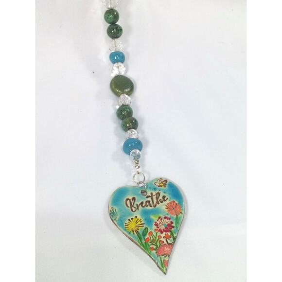 Artisan Ceramic Heart Suncatcher Says Breathe Ceramic Beads Clear Faceted Glass - Picture 1 of 15